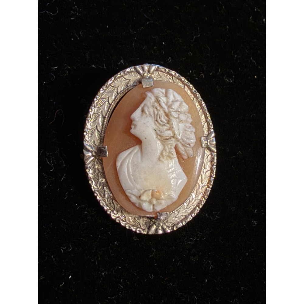 Antique 10k White Gold Cameo Brooch Carved Shell